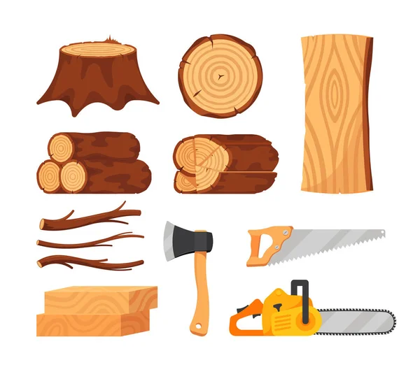 Set Tree Logs Wooden Planks Tools Timbers Woodcutter Instruments Chainsaw — Stock Vector