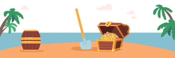 Pirate Loot Treasure Chest Barrel Rum Shovel Stuck Sand Tropical — Stock vektor