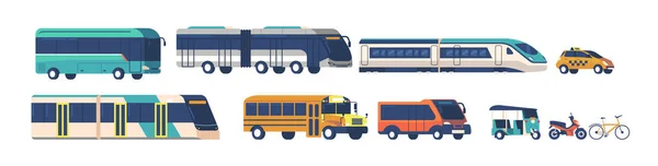 Set Autobus Trasporto Pubblico Metropolitana Filobus Treno Scuolabus Scooter Taxi — Vettoriale Stock