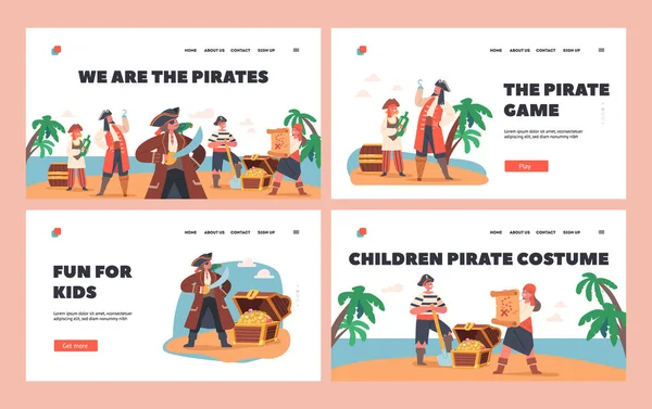 Set Modelli Pagina Destinazione Pirati Bambini Bambini Indossano Costumi Picaroon — Vettoriale Stock