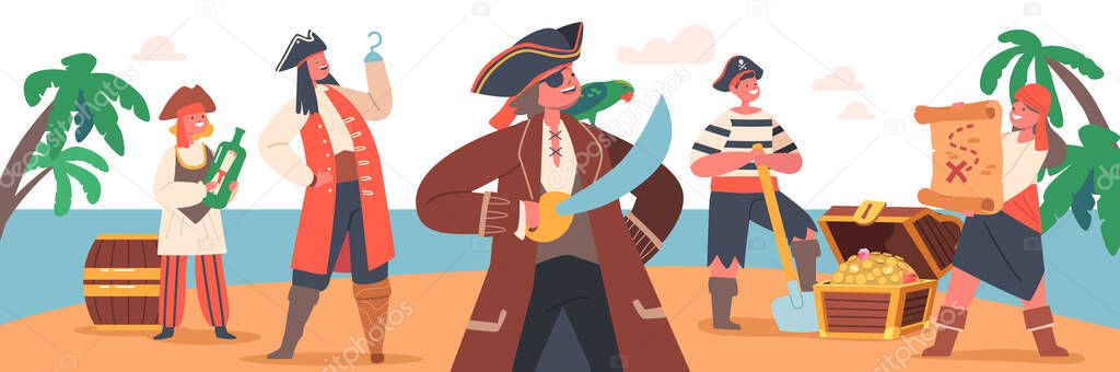 Children Pirates on Secret Island, Funny Kid Character Wear Picaroon Costumes with Treasure Chest, Map or Bottle with Message. Freebooters Hiding Loot, Quest, Party. Cartoon People Vector Illustration