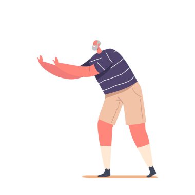 Kıdemli Erkek Karakter Uzayan Elleri Beyaz Arkaplanda İzole Edildi. Yaşlı Adam Yaşam Tarzı, Yazlık Giysili Yaşlı Gülümseyen Beyefendi ve Çizgili Tişört. Çizgi film İnsanları Vektör İllüstrasyonu