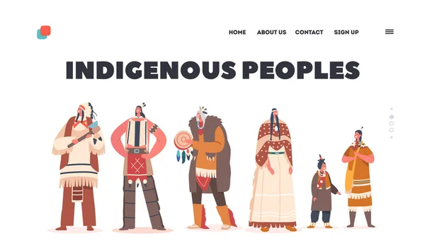 Povos Indígenas Landing Page Template Indian American Characters Warrior Men — Vetor de Stock