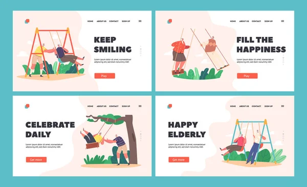 Grappige Senior Karakters Swing Landing Page Template Set Oude Man — Stockvector