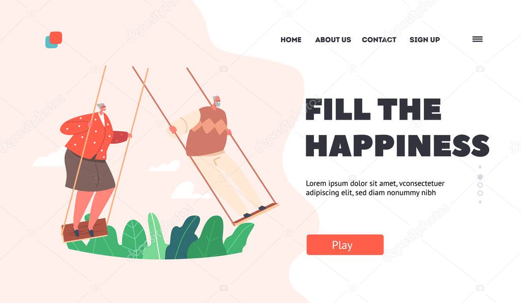 Old Man and Woman Race on Swing Landing Page Template. Grandmother and Grandfather Summer Outdoor Activity. Elderly Couple Male and Female Characters on Flip-Flap. Cartoon People Vector Illustration
