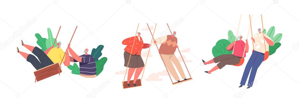 Set of Funny Senior Characters Swing, Old Man and Woman Having Outdoors Fun Swinging on Seesaw. Carefree Elderly Couples Joyful Sparetime, Swinging Rejoice. Cartoon People Vector Illustration