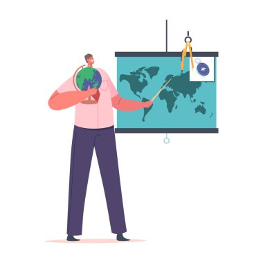 Eğitim Konsepti. Dünya Haritası 'nda Küre Duran Öğretmen Öğrencilere Coğrafya Dersini Açıkla. Özel ders erkek karakteri beyaz arka planda izole edildi. Çizgi film İnsanları Vektör İllüstrasyonu