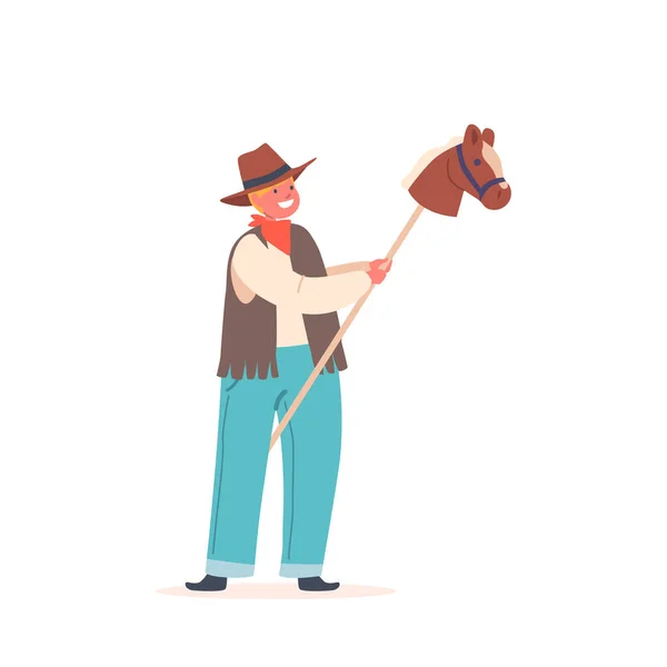 Kleine Cowboy Met Speelgoedpaard Stok Kid Draag Traditionele Wild West — Stockvector