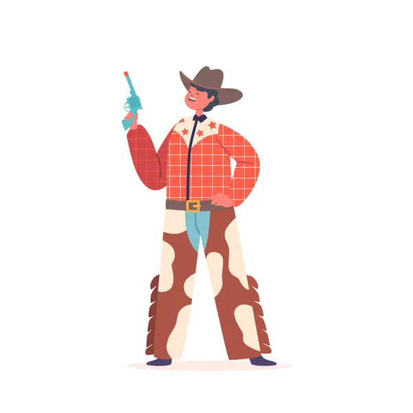 小男孩牛仔穿着传统的野生西服奶牛皮裤 格子衬衫 男主角西部片 手持枪 背景为白色 卡通人物矢量图解 — 图库矢量图片