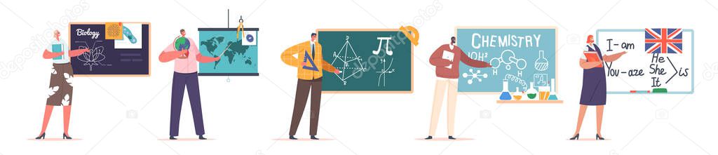 Set of Teachers Stand at Blackboard. Tutors Teach Biology, Geography, Geometry, Chemistry and English Language. Isolated Characters Explain Lesson to Students. Cartoon People Vector Illustration