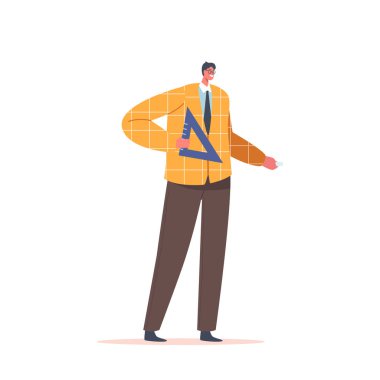 Protractor 'u olan öğretmen beyaz arka planda izole edildi. Olgun Yakışıklı Erkek Karakteri Resmi Giysileri Giyin Sınıftaki Öğrencilere Ders Açıkla, Eğitim Konsepti. Çizgi film İnsanları Vektör İllüstrasyonu