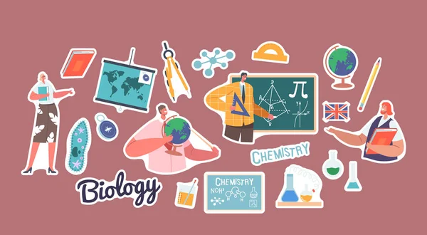Bir Grup Çıkartma Öğretmeni Tahtada Duruyor Öğretmenler Biyoloji Kimya Coğrafya — Stok Vektör