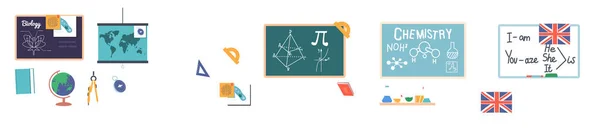 Conjunto Pizarras Escolares Equipos Educativos Aislados Sobre Fondo Blanco Pizarras — Vector de stock