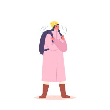 Dondurucu Liseli Kız Karakteri Sıcak Ceket Giyer Kış Şapkası ve Sırt Çantası Düşük Sıcaklık nedeniyle Titriyor. Soğuk Hava Dondurması 'ndaki kız beyaz arka planda izole edildi. Çizgi film Vektör İllüstrasyonu