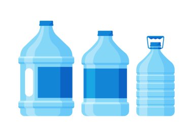 Temiz su ve içecekler için plastik silindirler ya da kapaklı şişeler, saplar ve etiketler. İçecekler için plastik ambalaj, beyaz zeminde maden suyu izole edilmiş elementler. Çizgi film Vektör İllüstrasyonu