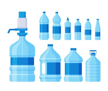 Set of Plastic Bottles, Cylinder With Tap And Pump, Containers For Clean Water And Beverages, Packaging for Mineral Aqua, Isolated Design Elements On White Background. Cartoon Vector Illustration