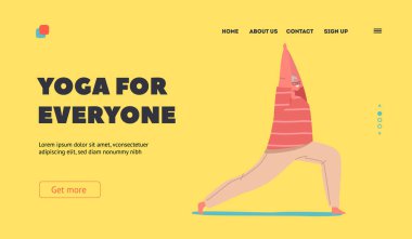 Herkes İniş Sayfası Şablonu için Yoga. Yaşlı Kadın Karakteri Sağlıklı Yaşam Tarzı, Aerobik veya Spor. Spordaki Yaşlı Kadın Kollarını Kaldırarak Poz Veriyor. Çizgi film İnsanları Vektör İllüstrasyonu