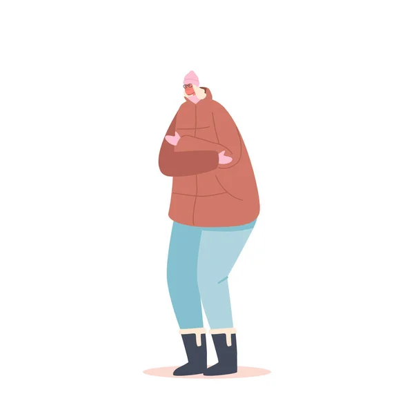 Personaje Femenino Congelante Envuelto Ropa Cálida Invierno Sombrero Bufanda Manoplas — Vector de stock