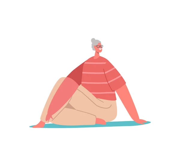 Senior Female Character Sportswear Engage Yoga Practice Sitting Mat Asana — Wektor stockowy