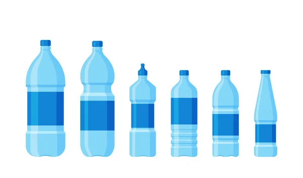 Een Set Lege Plastic Flessen Transparante Blauwe Containers Voor Water — Stockvector