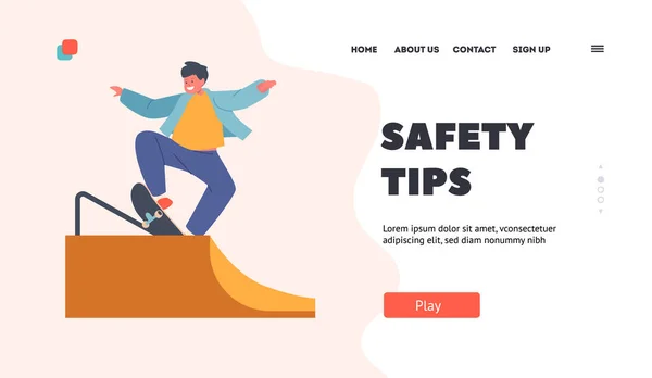 Dicas Segurança Landing Page Template Kid Jumping Quarter Pipe Skateboarding —  Vetores de Stock