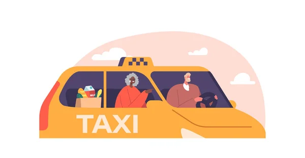 Vieille Dame Grand Mère Avec Sac Épicerie Utilisant Taxi Automobile — Image vectorielle