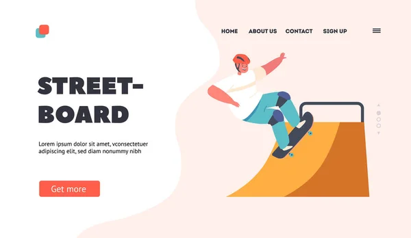 Street Board Landing Page Template Boy Jumping Skateboard Quarter Pipe — Vettoriale Stock