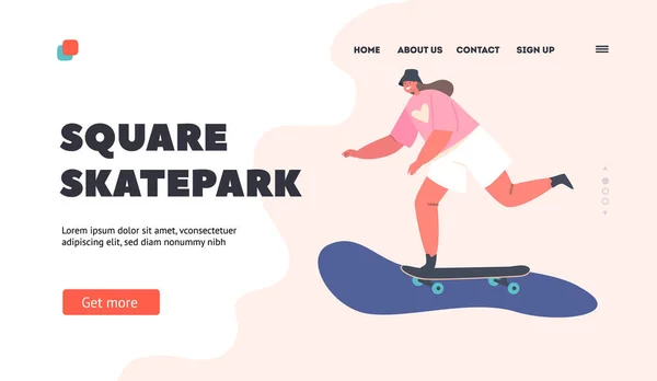 Square Skatepark Landing Page Template Little Girl Skating Jumping Skateboard — ストックベクタ