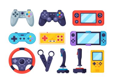 Gaming Joysticks And Gamepads For Entertainment And Video Games. Steering Wheel, Gaming Electronic Console, Gadgets Isolated Wireless Technology For Gaming And Cyberspace. Cartoon Vector Illustration clipart