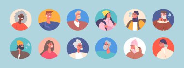 People Avatars, Teens, Senior, Young and Olgun Erkek ve Kadın Portreleri, Tecrit Edilmiş Yuvarlak Simgeler. Sosyal medya ve web profilleri için erkek ve kadın karakterler. Çizgi film Vektör İllüstrasyonu,