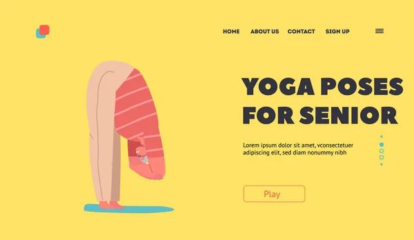 Yoga Poses Seniors Landing Page Template Elderly Female Character Stand — Vetor de Stock