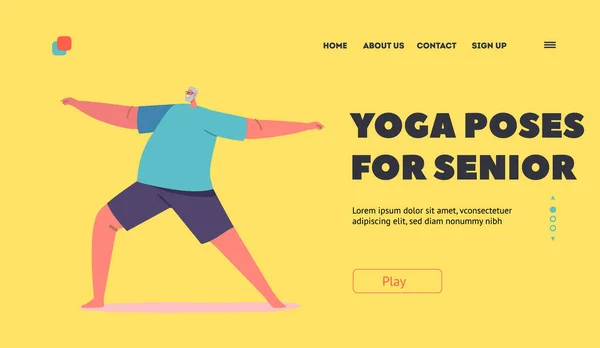 Yoga Poses Seniors Landing Page Template Elderly Male Character Stand — Stock vektor