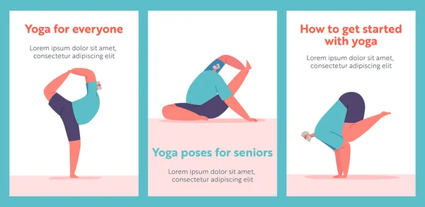 Old Man Yoga Asana Poses Cartoon Banners Elderly Male Character — Vettoriale Stock
