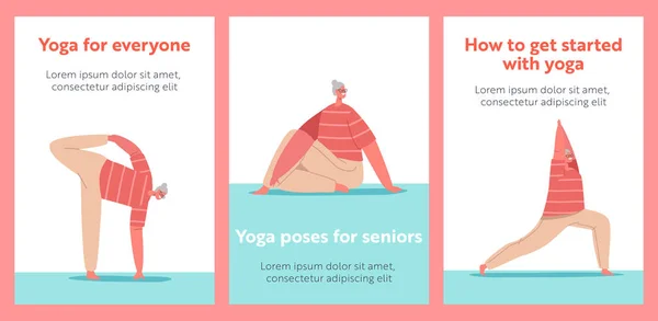 Yoga Seniors Cartoon Banners Elderly Female Character Asana Poses Old — Vettoriale Stock
