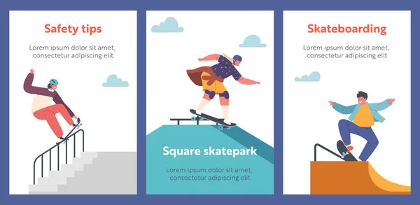 Children Skating City Park Cartoon Banners Teen Preteen Kids Skaters - Stok Vektor