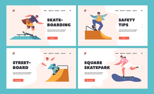 Children Skating Skateboards Landing Page Template Set Teen Preteen Kids — Vettoriale Stock