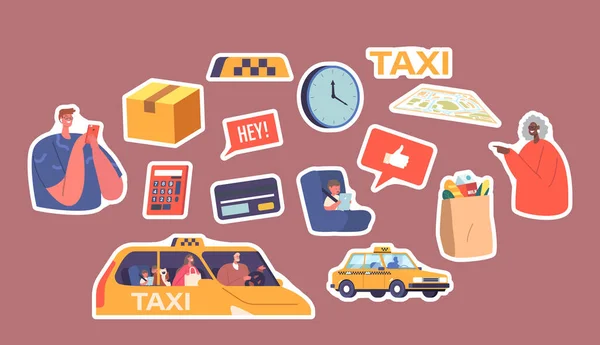 Набор Символов Наклейки Использовать Службу Такси Клиенты Клиенты Водитель Такси — стоковый вектор
