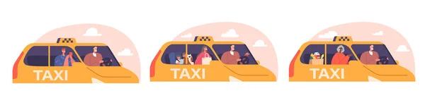 Набор Символов Использовать Службу Такси Клиенты Клиенты Водитель Такси Вид — стоковый вектор