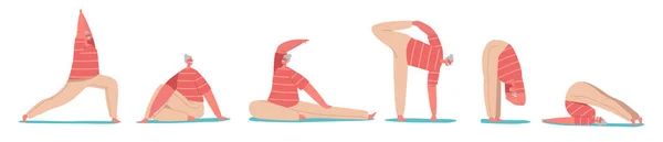Set Elderly Female Characters Yoga Pilates Poses Old Lady Practice — Vector de stock