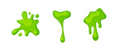Dripping Slime, Green Goo Spots and Blobs, Halloween Ooze, Mucus Snot. Falling Syrup Drops Dribble Down, Sticky Radioactive Toxic Liquid Isolated On White Background. Cartoon Vector Illustration, Icon