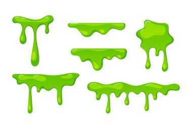 Set of Dripping Green Slime Textures, Border and Spots Isolated Elements on White Background, Falling Syrup Drops Dribble Down, Sticky Radioactive Toxic Liquid, Zombie Goo. Cartoon Vector Illustration