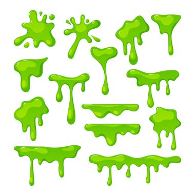 Set of Slime Splashes, Liquid Goo of Toxic Green Color, Abstract Blots, Dripping Halloween Texture for Banner Decoration, Bright Objects Isolated on White Background. Cartoon Vector Illustration