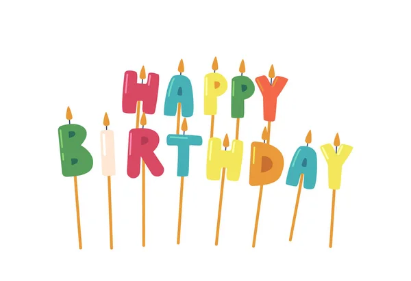 Happy Birthday Cake Candle Letters Colorful Burning Candlelight Fire Flame — Image vectorielle