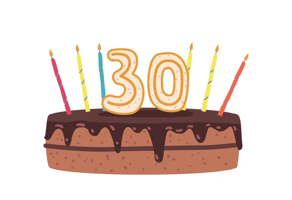 Festive Chocolate Cake Candles Thirty Years Old Celebration Isolated White — Stock vektor