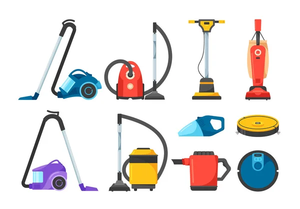 Set Vacuum Cleaners Professional Domestic Equipment Electric Tools Isolated White — Stock Vector
