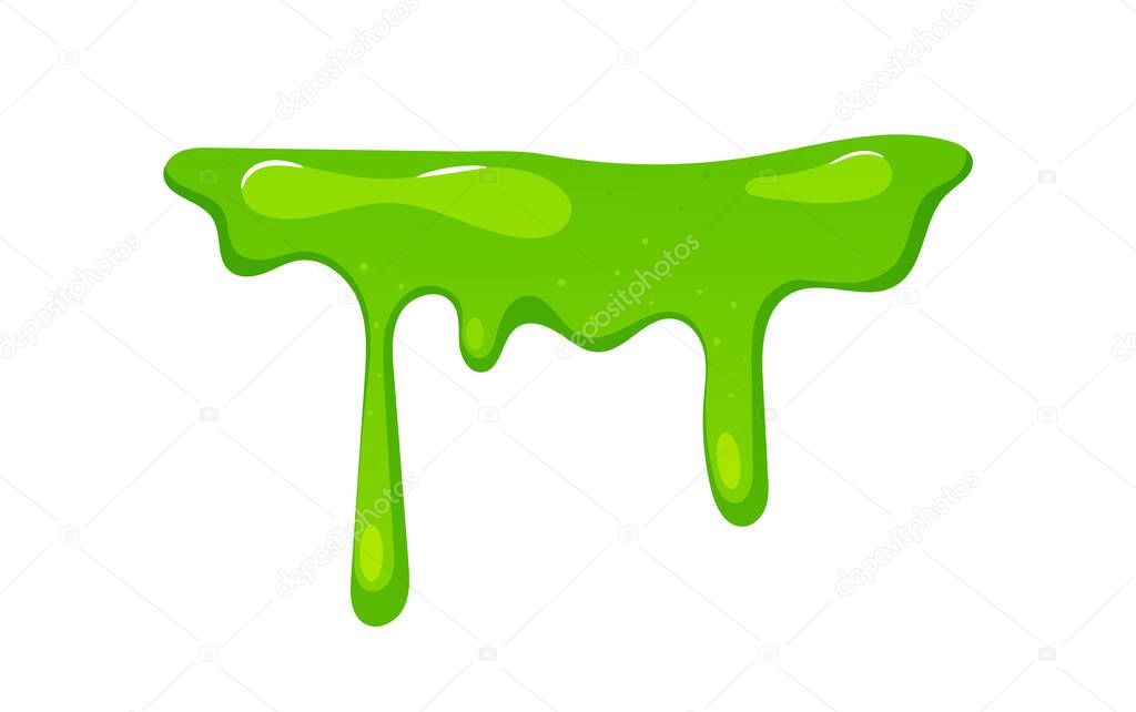 Dripping Green Slime Border Isolated Element On White Background, Falling Syrup Drops Dribble Down, Sticky Radioactive Toxic Liquid, Zombie Goo, Glossy Jelly or Mucus. Cartoon Vector Illustration