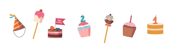 Set Festive Cakes Birthday Cupcakes Baby Shower Kids Holiday Pastry — Stockový vektor