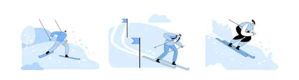 Set Skiing Winter Sports, Outdoors Spare Time. Characters Wear Warm Sportive Costume and Goggles Going Downhills by Skis on Background with Snow Track and Flags. Cartoon People Vector Illustration