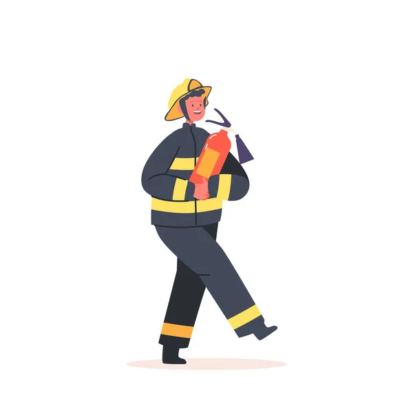 Вогневий Хлопчик Тримає Вогнегасник Хоробрий Пожежник Особливим Обладнанням Боротьби Блайзом — стоковий вектор