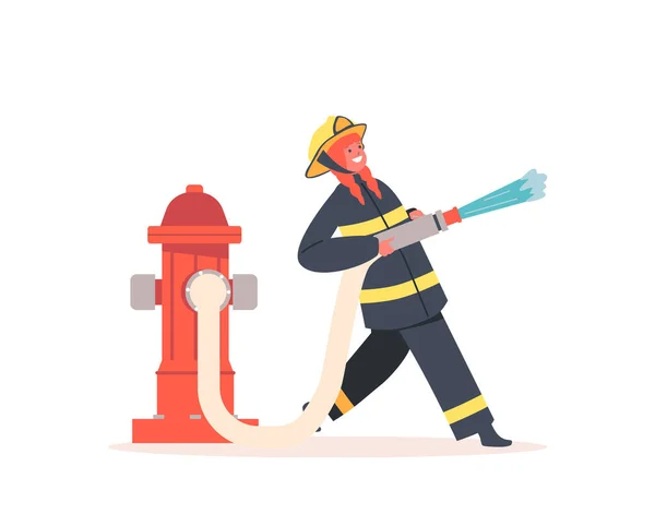 Brave Girl Fireman Spray Water Hose Dangerous Profession Concept Child — стоковий вектор
